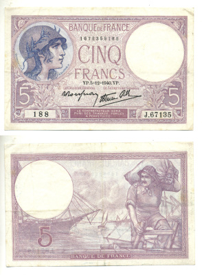 ФРАНЦИЯ 5 ФРАНКОВ 1940 5 ДЕКАБРЯ 1940 Pick 83 бумага 3295-4-2