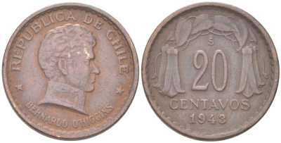 Чили 20 сентаво 1943 S KM 177 медь 4620-1126