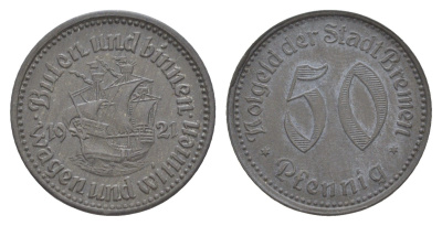 Бремен 50 пфеннигов 1921 Funck 58.4, Men05 3610.7, Men18 4566.7 цинк 4638-112
