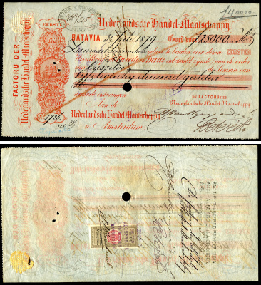 Индонезия вексель в 25000 гульденов 1879 Фактория Нидерландской торговой компании в Батавии для филиала в Амстердаме, (из коллекции Verkooijen)   бумага   8805-83-1-2