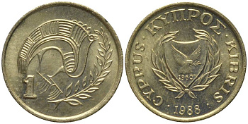 КИПР 1 ЦЕНТ 1988 ПТИЧКА KM 53.2 никель латунь 211-325