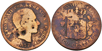 Испания 5 сентимо 1877 ОМ, Альфонсо XII KM 674 бронза    4153-145