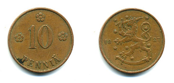 Финляндия 10 пенни 1927 республика (1918-1962) KM 24 медь 46-1546