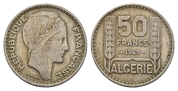 Алжир 50 франков 1949 год-тип KM 92 медно-никель 51-3517