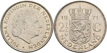 Нидерланды 2 1/2 гульдена 1971 Юлиана (1949-1980) KM 191 никель 4157-413