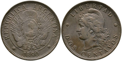Аргентина 2 сентаво 1890 голова свободы влево KM 8 бронза 4531-926