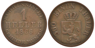 Гессен-Кассель 1 геллер 1866 KM 613 медь 1522-1124