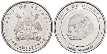 Уганда 100 шиллингов 2004 серия лунный календарь, год обезьяны KM 129 сталь UNC M58-04