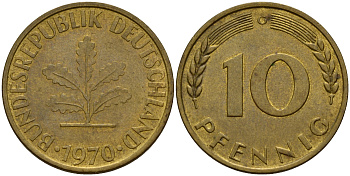 ФРГ 10 пфеннигов 1970 G J. 383, KM 108 сталь плакированная латунью    4603-346