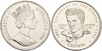 Гибралтар 1 крона 1996 серия 100 лет кинематографу, Элвис Пресли KM 465 медно-никель 1525-1021 M21-17