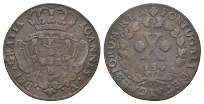 Португалия 10 реалов 1734 Жуан V (1706-1750) KM 217 медь 4127-724