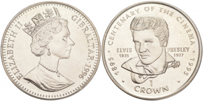 Гибралтар 1 крона 1996 серия 100 лет кинематографу, Элвис Пресли KM 465 медно-никель 1525-1021 M21-17