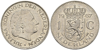 Нидерланды 1 гульден 1967 Юлиана (1948-1980) KM 184a никель 4579-455