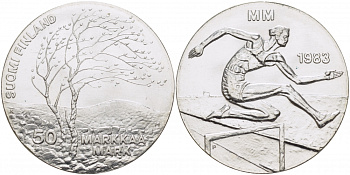Финляндия 50 марок 1983 K-T, чемпионат мира по атлетике, бег с препятствиями KM 61 серебро UNC 1515-1223