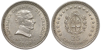 Уругвай 25 сентесимо 1960 KM 40 медно-никель 4580-843