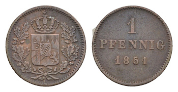 Бавария 1 пфенниг 1851 Максимилиан II (1848-1864) KM 797 медь 4649-458