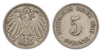 Германия 5 пфеннигов 1910 F, Вильгельм II (1888-1918) KM 11, J. 12 медно-никель 4640-132