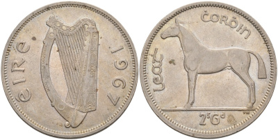 Ирландия 1/2 кроны = 2 шиллинга 6 пенсов 1967 лошадь KM 16а медно-никель 88-626