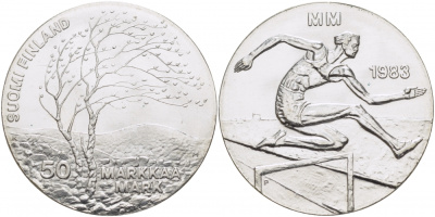 Финляндия 50 марок 1983 K-T, чемпионат мира по атлетике, бег с препятствиями KM 61 серебро UNC 1515-1223