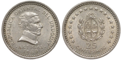 Уругвай 25 сентесимо 1960 KM 40 медно-никель 4580-843