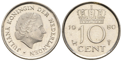 Нидерланды 10 центов 1980 Юлиана (1949-1980) KM 182 никель UNC 220-545
