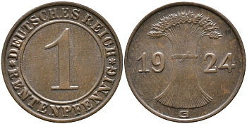 Германия 1 рентенпфенниг 1924 G KM 30, J. 306 бронза UNC 413-3231