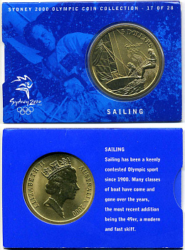 Австралия 5 долларов 2000 XXVII летние Олимпийские игры 2000 года в Сиднее, яхтинг, в оригинальном картонном буклете KM 358 латунь  UNC  2-5-2-43