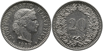 Швейцария 20 раппенов 1985 KM 29a медно-никель 33-311