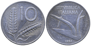 ИТАЛИЯ 10 ЛИР 1951 R, ПЛУГ KM 93 алюминий 4385-1044