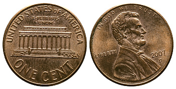 США 1 ЦЕНТ 2007 D KM 201 b медь цинк 4385-526