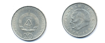 ГДР 20 марок 1972 А, Вильгельм Пик (1876-1960) KM 42 медно-никель 3333-421