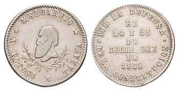 Боливия 1/4 мельгарехо 1868 Мануэль Мариано Мельгарехо, Герои декабря - Денежная медаль Burnett 110 серебро 1519-444