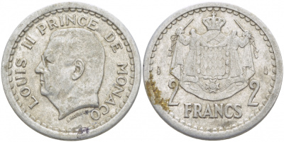 Монако 2 франка 1943 Луи II (1922-1949) KM 121 алюминий 4402-627