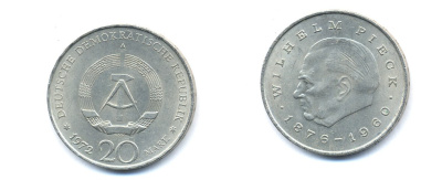 ГДР 20 марок 1972 А, Вильгельм Пик (1876-1960) KM 42 медно-никель 3333-421