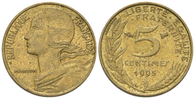 Франция 5 сантимов 1995 KM 933 алюминиевая бронза 4564-938