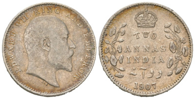 Британская Индия 2 анны 1907 Эдуард VII (1901-1910) KM 505 серебро 441-1644