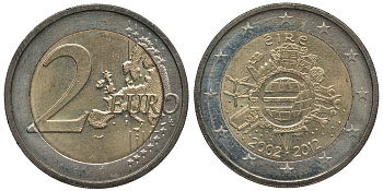 ИРЛАНДИЯ 2 ЕВРО 2012 10 ЛЕТ НАЛИЧНОМУ ЕВРО KM 71 биметалл 4384-541