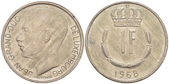 ЛЮКСЕМБУРГ 1 ФРАНК 1968 ВЕЛИКИЙ ГЕРЦОГ ЖАН (1964-2000) KM 55 медно-никель 206-356