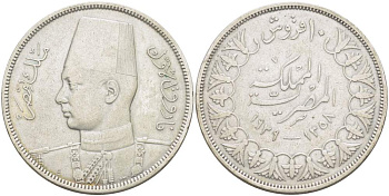 Египет 10 пиастров 1939 АН1358, Фарук (1936-1952) KM 367 серебро    4517-433