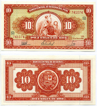 Перу 10 солей 1967 Перу 10 солей 1967 свобода, Thomas de la Rue Pick 84 а бумага Pick 84а бумага UNC (пресс) 7548-8-1-1