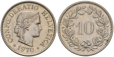 Швейцария 10 раппенов 1970 KM 27 медно-никель 4189-421