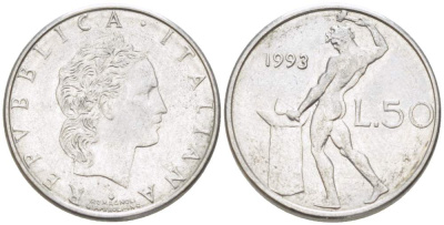 ИТАЛИЯ 50 ЛИР 1993 R, КУЗНЕЦ, ВУЛКАН БОГ ОГНЯ, ДИАМЕТР 16,5 ММ. KM 95.2 нержавеющая сталь 4528-114