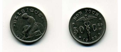 БЕЛЬГИЯ 50 САНТИМОВ 1923 BELGIQUE KM 87 никель 46-1141