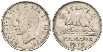 Канада 5 центов 1939 Георг VI (1937-1952), бобр KM 33 никель 73-1134