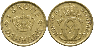 ДАНИЯ 1 КРОНА 1925 HCN; GJ, КРИСТИАН X (1912-1947) KM 824.1 алюминиевая бронза 32-246