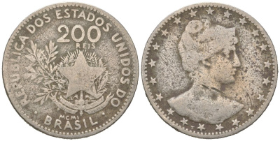 Бразилия 200 реалов 1901 MCMI, голова свободы вправо KM 504 медно-никель 4612-116