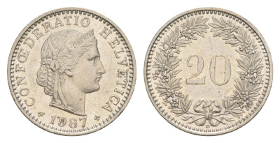 Швейцария 20 раппенов 1987 B KM 29a медно-никель 4623-312