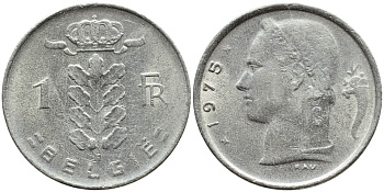 Бельгия 1 франк 1975 Belgie, Бодуэн I (1951-1993) KM 143.1 медно-никель 4382-1257