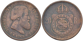 Бразилия 20 рейсов 1869 Педро II (1831-1889) KM 474 бронза 4529-437