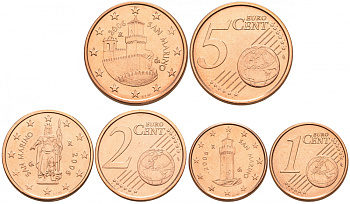 Сан-Марино лот из 3 монет 2006 1,2 и 5 евроцентов, из роллов сталь плакированная медью UNC M9-13